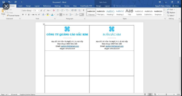 Hướng dẫn thiết kế name card bằng word 2010